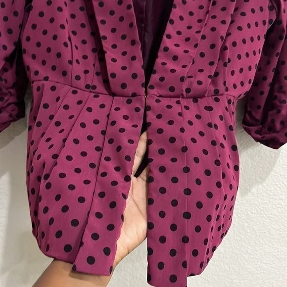 Elle Womens Purple Black Polka Dot Pleated Open Front Blazer Top Size Large - Picture 8 of 10